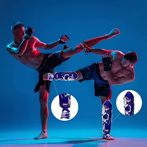 Muay Thai Shin Guards for Kickboxing Martial Arts BJJ Boxing Equipment MMA Training and Sparring Leg Guard with Instep Protection Pads - color: BTF-Blue, size: Small-Medium