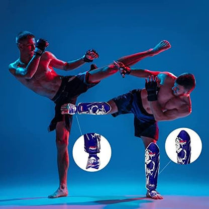 Muay Thai Shin Guards for Kickboxing Martial Arts BJJ Boxing Equipment MMA Training and Sparring Leg Guard with Instep Protection Pads - color: BTF-Blue, size: Large/Xlarge