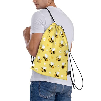 Polyester Drawstring Bag for Men Women, Cute Honeybee Bee Light Yellow, Large Capacity Sports Sack for Beach Swimming - color: Pattern (377)