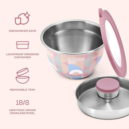 S'well Stainless Steel Salad Bowl Kit 64oz, Dusty Pink Daydream, Comes with 2oz Mini Canister and Removable Tray for Organization, Leakproof, Easy to Clean, Dishwasher Safe