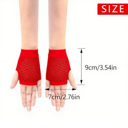 Short Fishnet Gloves for Women Fingerless Mesh Fishing Net Gloves 80s Fish Net Arm Sleeves Halloween Party Cosplay Costume - color: Red