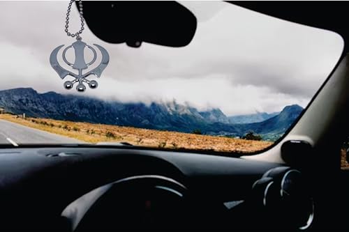 BEXCO Sikh Khanda Sahib Metal Car Hanging Rear View Mirror Show Piece - Complete with Chain (8 cm, Silver) - color: Silver, size: 8 cm