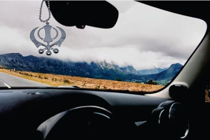 BEXCO Sikh Khanda Sahib Metal Car Hanging Rear View Mirror Show Piece - Complete with Chain (8 cm, Silver) - color: Silver, size: 8 cm