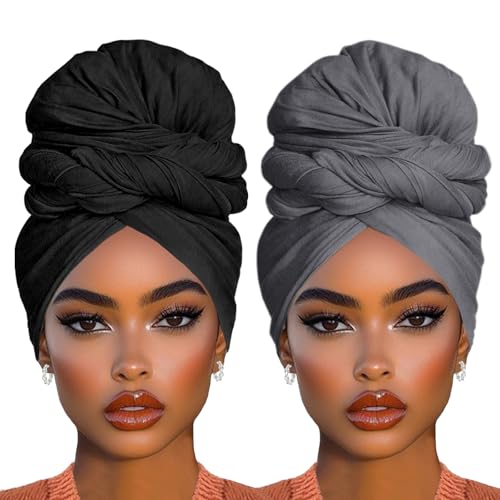 COOKOO 2 Piece Stretch Jersey Head Wraps Long Solid Color Head Scarf African Women's Headbands Fashion Turban Lightweight Breathable Headwraps for Women(Black+Dark Grey) - color: Black+Dark Grey