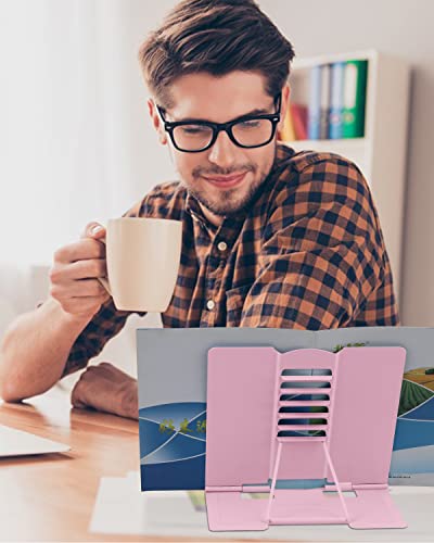 MSDADA Desk Book Stand Metal Reading Rest Book Holder Adjustable Cookbook Documents Holder Portable Sturdy Bookstands for Recipes Textbooks Tablet Music Books with Page Clips (Light Pink) - color: Light Pink