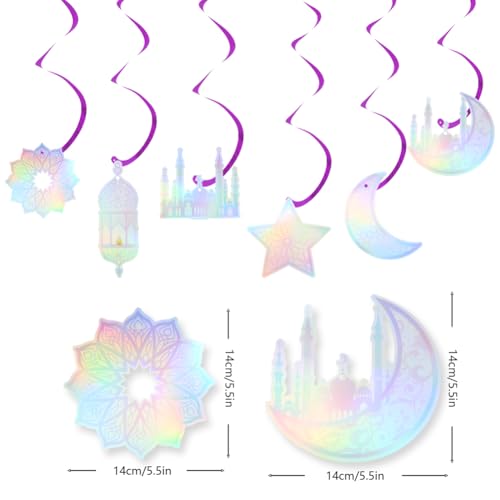 6 Pcs Iridescent Eid Mubarak Hanging Swirls, Sparkling Metallic Ceiling Streamers Garland with Crescent Moon Star Castle Lantern Pattern for Islamic Muslim Ramadan Eid al-Adha Party Decoration