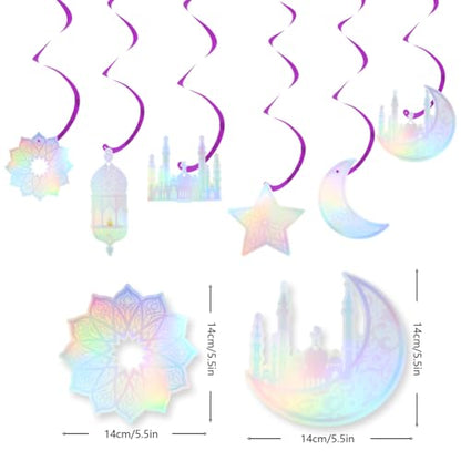 6 Pcs Iridescent Eid Mubarak Hanging Swirls, Sparkling Metallic Ceiling Streamers Garland with Crescent Moon Star Castle Lantern Pattern for Islamic Muslim Ramadan Eid al-Adha Party Decoration