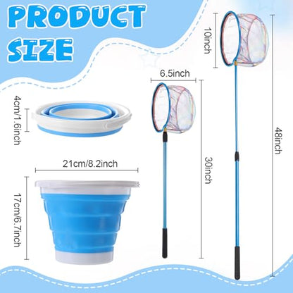 Telescopic Fishing Net with Bucket, Telescopic Fishing Landing Net, Lightweight Aluminum Pole Non Slip Handle for Catching Frogs Butterfly Fish Crab for Beach Stream Outdoor - color: Blue