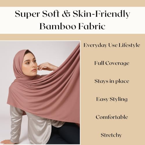 Premium Bamboo Jersey Hijab Scarves -Turban Head Wraps for Women, Fashion Headbands Long Plain Muslim Shawls - color: Light Pink