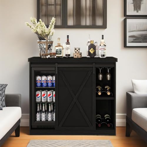 JassmiPkwy Coffee Bar Cabinet with Fridge Space, Wine Cabinet with Rack, Power Outlet for Dining Room Living Room, Black - color: Black