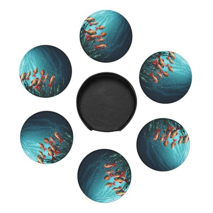 Coasters for Drinks Set of 6 Leather Drinks Coasters with Holder Round Cup Mat Pad Fish Aquarium Decorative Coffee Cup Beverage Coasters for Tabletop Protection Home Decor