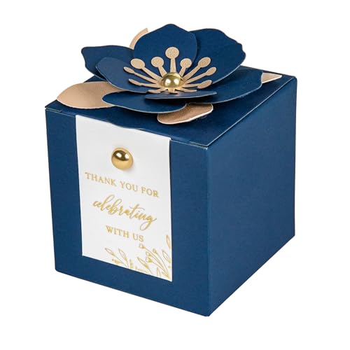 FEIYI 20 PCS Favor Boxes, 3 In 1 Navy Blue Candy Boxes with Floral Decor, White Thank You Tags Gold Foil Print Gift wrapping for Wedding, Baby Shower, Birthday, Decorations Party - 2.55x2.55x2.55 - color: Navy Blue, size: Small-(2.55")