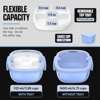 Salad Container with Ice Pack & Handle, 6.8 Cup / 1600ml Large Portable Salad Bowl Lunch Box with Lid, Fork Holder & Sauce Cup, 4-Compartment Removable Tray Meal Prep Bento Box, Blue - color: Blue