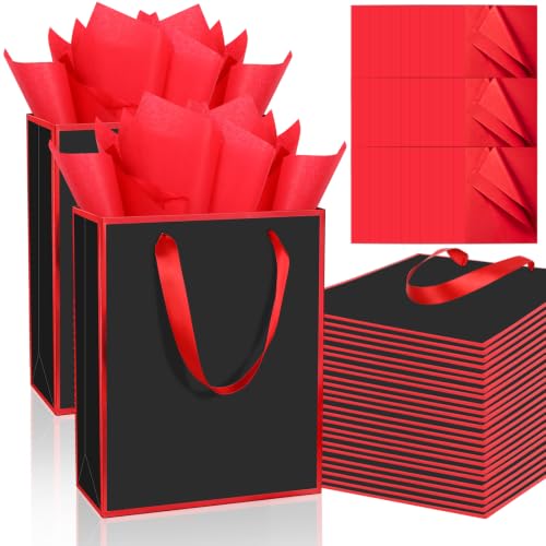 Epoesch 36 Pack Gift Bags with Handles & 36 Tissue Papers – 8x5x10 Inches - color: Black Red, size: 1 Count (Pack of 36)