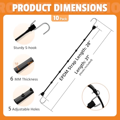 HOXWELL Adjustable 31" Rubber Bungee Cords with Hooks, EPDM Bungee Cord with 150% Max Stretch, Heavy Duty Bungee Straps for Securing Tarps, Canvases, Cargo, Motorcycle, Weatherproof, Pack of 10 - size: Adjustable 31 inch (Pack of 10)