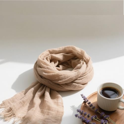 Nydotd Women Summer Cotton Linen Scarf Crinkle Long Beach Shawl Wrap hijab with Fringe - color: Khaki