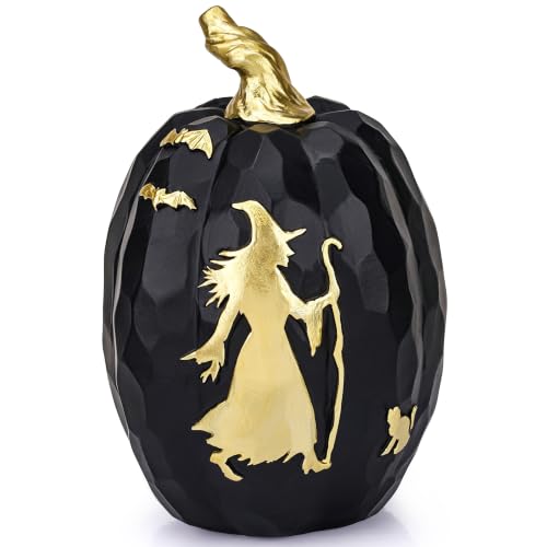 5.3Inch Black Resin Pumpkin Halloween Witch Table Centerpiece Decor - color: Resin Pumpkin-ablack & Gold