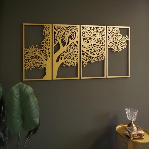 Large Metal Tree of Surahs (4 Quls) Islamic Wall Art Set of 4 (Surah Al Ikhlas, Al Falaq, Al Nas, Al Kafirun) - Arabic Calligraphy, Muslim Home Decor, Islamic Gifts (Total Size: 38.5 x 19 inches) - color: Gold, size: 38.5"L x 19"W