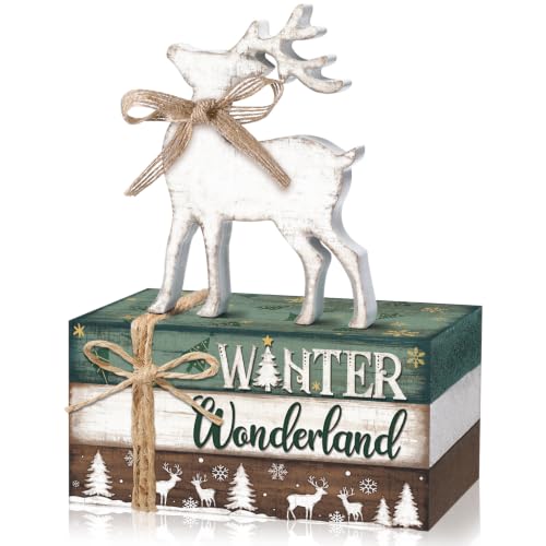Geelin 4 Pcs Christmas Tiered Tray Decor Wooden Book Stack Signs, White Reindeer Christmas Table Decor, Farmhouse Rustic Centerpieces for Shelf Coffee Bar Office Desk Decorations - style: Christmas Winter Reindeer