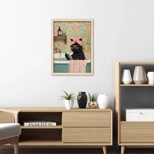 ICHZUMW Framed Funny Black Cat in Bathtub Canvas Bathroom Wall Art 12x16 In - color: Spa Kitty, size: 16"L x 12"W