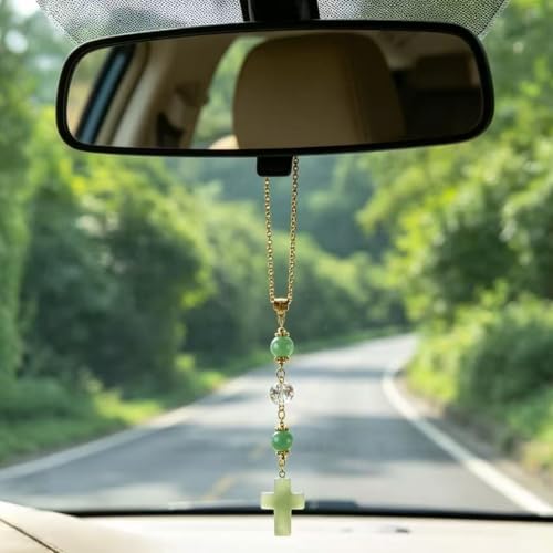 Cross Crystal Hanging Car Charm - Healing Stones Rear View Mirror Decor, Boho Handmade Sun Catcher Ornament with Tiger Eye & Sunflower Amethyst- Meaningful Gift for Women, Friends, Car Lovers - color: Green
