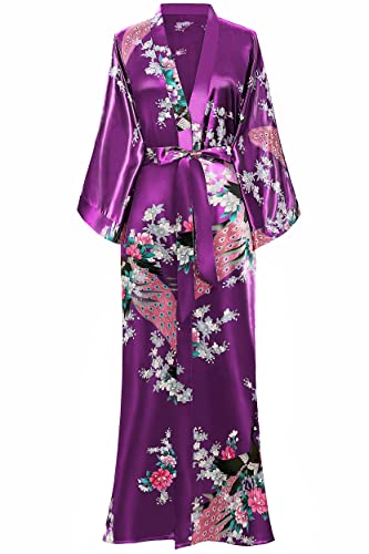 BABEYOND Women's Kimono Robe Long Satin Robes with Peacock and Blossoms Printed Kimono Nightgown - color: Dark Purple, size: One Size Plus