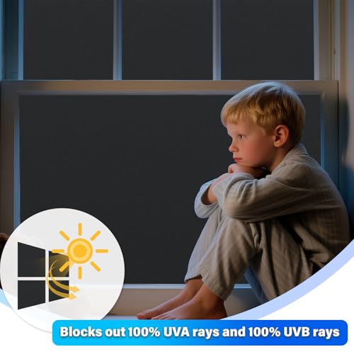 Finnez Blackout Window Film, Total Privacy Room Darkening, 23.6″ x 157.4″ | Light Blocking & Heat Control, Removable Static Cling Non-Adhesive, Frosted Window Tint, Day & Night Sleep for Home Nursery - color: Black, size: 23.6 x 157.4 Inch