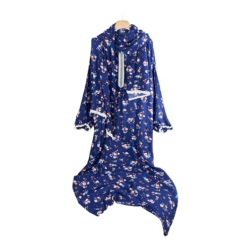 Women's Ditsy Floral Print Zipper Design Hooded Arabian Dress Modest Bishop Sleeve Long Sleeve Maxi Muslim Dress for Women - color: Blue, size: One Size