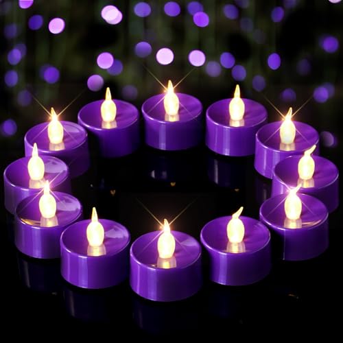 merrynights Purple LED Candles, 24 Pack Tea Lights Candles Battery Operated, Flameless Tealight Candle, Realistic Tea Lights for Halloween Christmas Party Decor Mardi Gras - color: Purple Light, size: 24-Pack