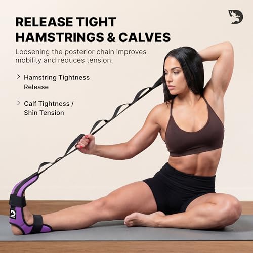 DMoose Fitness Foot & Calf Stretcher with Adjustable Padded Stretching Strap for Plantar Fasciitis, Hamstring, Heel Spurs and Achilles Tendonitis Relief - Yoga Leg Stretch Strap for Flexibility - color: Purple