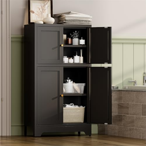 YAUWOH Bathroom Floor Cabinet, Metal Storage Cabinet with 2 Adjustable Shelves & 4 Doors,Freestanding Sideboard for Dining Room,Living Room, Home Office(1PC,Black) - color: Black, size: 4Doors-40"H