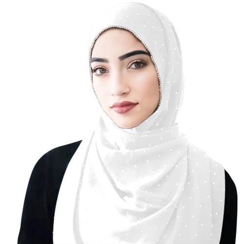 Hijab Scarf for Women Soft Chiffon Rhinestone Long Scarf Shawl Fashion Muslim Hijab Head Wrap Scarves - color: White
