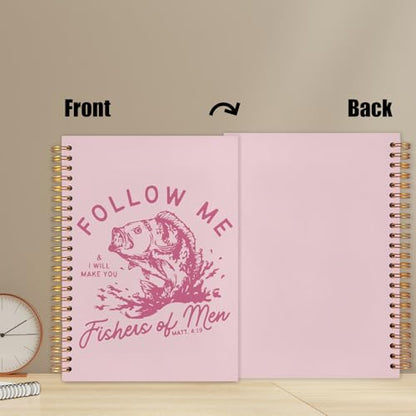 WUCHJ Pink Retro Fish Christian Notebook, Matthew 4:19 Bible Verse Journal, Religious Scripture Spiral Notebook Journal for Note Taking, Christian Faith Based Gifts for Women Men, 5.5x8.3 Inch - color: pink fish follow me