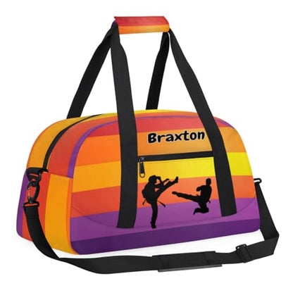 Custom Sports Duffel Bag Martial Arts Silhouette Colorful Stripes | Personalized Named Practice Travel Overnight Training Bag - color: Color 3
