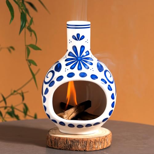 MOUGIGI Handmade Ceramic Palo Santo Holder Burner - Mini Chimenea Incense Dish for Palo Santo and Sticks - Sage Holder for Meditation Decor - color: Blue and White