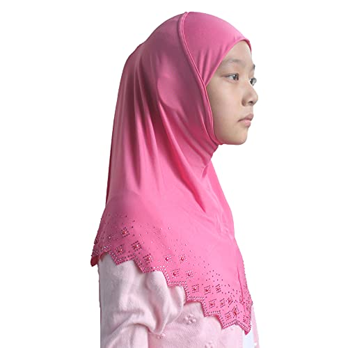 Girls Hijab with Rhinestones – Sparkly Non-Slip Amira Scarf for Kids, for Daily Prayer, School, Ramadan & Eid (Ages 4-12) - color: Rose Red