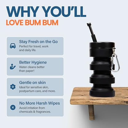 BumBum Expandable Bidet Bottle | Portable Handheld Travel Bidet for Freshness | Hygiene & Postpartum Care, Leak-Proof Design for Perineal Care | Ideal for Travel & Outdoor, 300ML Capacity - Black