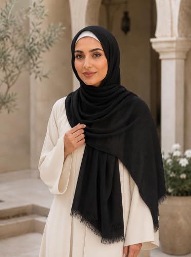Cotton Linen Plain Hijab Scarf For Women,Muslim Viscose Crinkle Edge With Fringe,Summer Beach Wrap Headwraps Shawl - color: 1#black