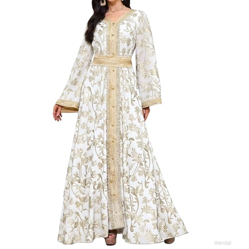 Abaya Muslim Dress for Women V Neck Belted Embroidered Floral Maxi Kaftan Islamic Dubai Arabian Evening Dress - color: White, size: Small