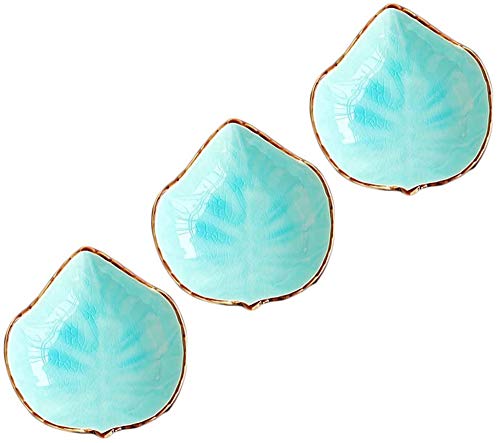 WAIT FLY Lovely Grape Leaves Shaped Ceramics Seasoning Dishes/Tea Bag Holders/Teaspoon Rest/Ketchup Saucer/Appetizer Plates/Vinegar Spice Salad Soy Sushi Wasabi Seasoning Dipping Bowls, Set of 3 - color: Grape Leaf - Blue