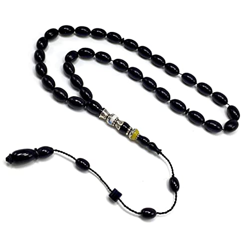 EXCLUSIVE COLLECTION -Handmade Silver Engraved Bakelite Tesbih, Tasbih, Islamic Rosary, Islamic Prayer Beads, Misbaha (7x11 mm 33 Black Rice Beads) - color: 7x11 mm 33 Black Rice Beads