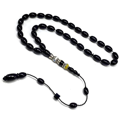 EXCLUSIVE COLLECTION -Handmade Silver Engraved Bakelite Tesbih, Tasbih, Islamic Rosary, Islamic Prayer Beads, Misbaha (7x11 mm 33 Black Rice Beads) - color: 7x11 mm 33 Black Rice Beads