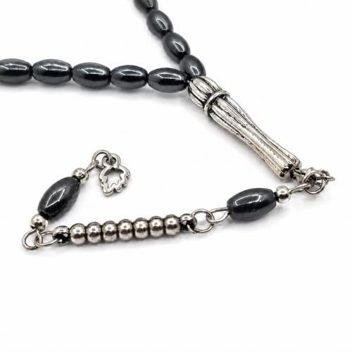 Perlin Muslim Prayer Beads 33 Bead Black Hematite Tasbih – Islamic Misbaha Subha Dhikr Beads with Mini 8 x 4 mm Oval Hematite Gemstone Beads, Ottoman Style Prayer Rosary with Metal Imam, 25 cm