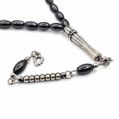Perlin Muslim Prayer Beads 33 Bead Black Hematite Tasbih – Islamic Misbaha Subha Dhikr Beads with Mini 8 x 4 mm Oval Hematite Gemstone Beads, Ottoman Style Prayer Rosary with Metal Imam, 25 cm
