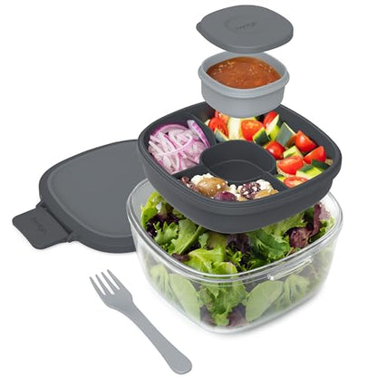 Bentgo Glass Salad Container - 7.6-Cup Salad Bowl with Airtight Lid, Leak-Proof Sauce Container, 4-Compartment Bento Tray & Reusable Fork - BPA-Free for Meal Prep, Office & More (Dark Gray) - color: Dark Gray