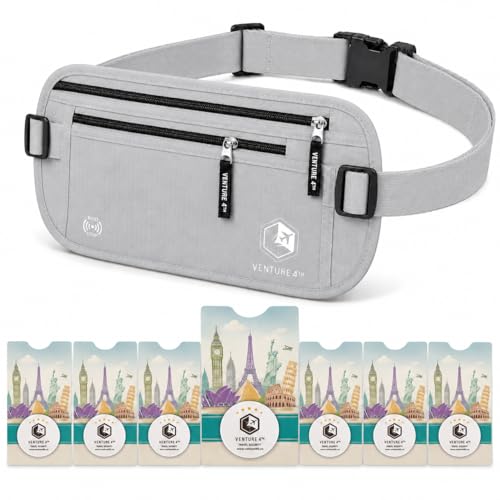 VENTURE 4TH RFID Money Belt for Travel with RFID Blocking Sleeves – Slim Hidden Travel Wallet & Passport Holder for Men & Women, Lightweight Anti-Theft Pouch to Protect Cash Cards & Documents - Silver - color: Silver