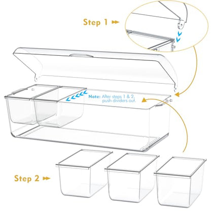 Condiment Tray with Stainless Steel 5 Spoons, 5 Forks and 1 Clip, Chilled Condiment Server, Condiment Server, Bar Garnish Holder on Ice, Bar Accessories Fruit and Salad with Removable Trays and Lid