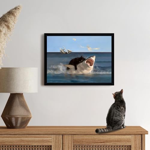 ICHZUMW Framed Funny Black Cat Biting Shark Ocean Canvas Wall Art 12x16 In - color: Black Shark Rider, size: 16"L x 12"W