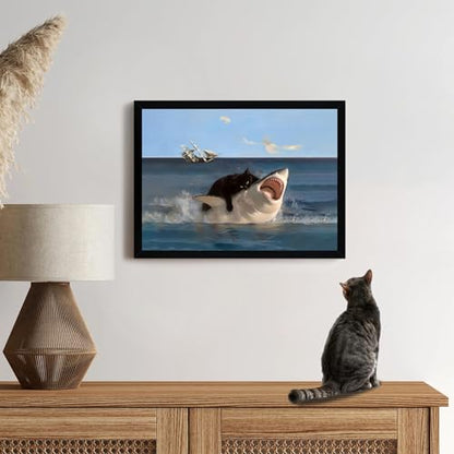 ICHZUMW Framed Funny Black Cat Biting Shark Ocean Canvas Wall Art 12x16 In - color: Black Shark Rider, size: 16"L x 12"W