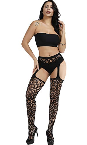 E-Laurels Womens High Waist Patterned Fishnet Tights Suspenders Pantyhose Thigh High Stockings Black - color: Black A10